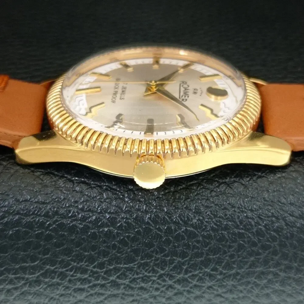 Vintage 1973 Roamer Manual Mens Gold Watch W/Leather Strap & Silver accents